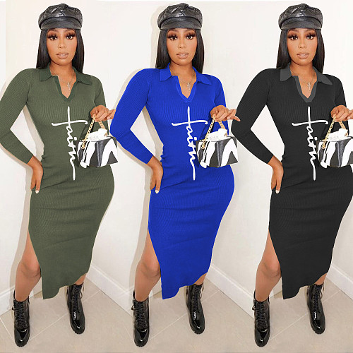 Faith Letter Print Knitted Long Sleeve Slit Skinny Dress YBS-67421