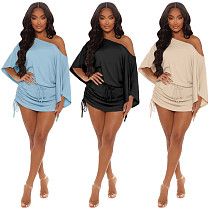 Solid Off Shoulder Lace Up Ruched Mini Dress CHENGX-214
