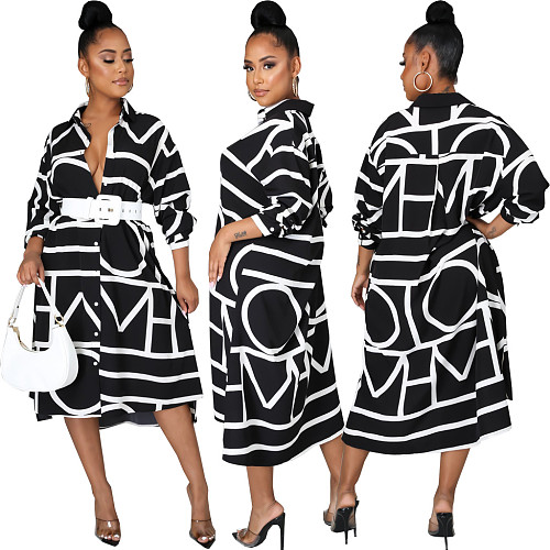 Single Breasted Full Sleeve Print Loose Street Style Dress SMR-10812