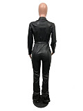 PU Long Sleeve Zipper Pleated Leather Jumpsuit OMY-8006