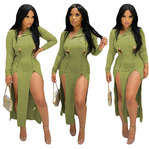Long Sleeve Button Up Ribbed Slit Side Maxi Dress YIY-5223