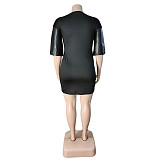 PU Leather Patchwork Short Sleeve Plus Size Dress CHENGX-212