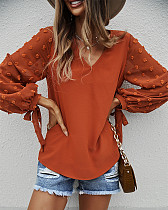Patchwork Solid Chiffon V-Neck Loose Pullover Blouse KAIK-2222006