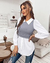 Patchwork Long Sleeve Pullover Blouse Shirt KAIK-2212029
