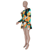 Geometric Print V-neck Ruffle Long Sleeve Dress YUYI-6104