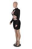Long Sleeve Bandage Hollow Out Ruched Bodycon Dress MZ-2679