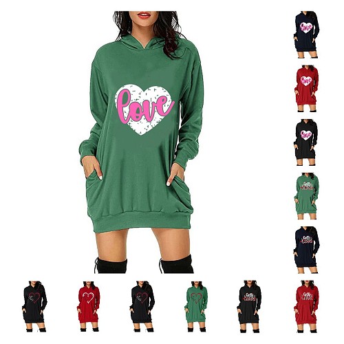 Valentines Day Printed Hooded Sweatshirt Dress KLF-964