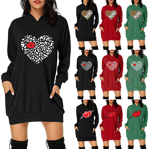 Valentines Day Heart Printed Hooded Sweatshirt Dress KLF-1006