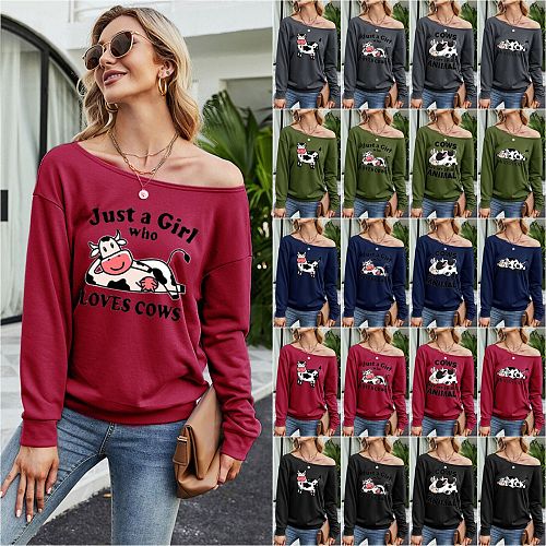 Christmas Cow Printed Off Shoulder Pullover T-shirt KLF-479-6