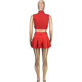 Sleeveless Zip Strand Collar Crop Tops Pleated Skirts Set MEI-9229