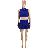 Sleeveless Zip Strand Collar Crop Tops Pleated Skirts Set MEI-9229