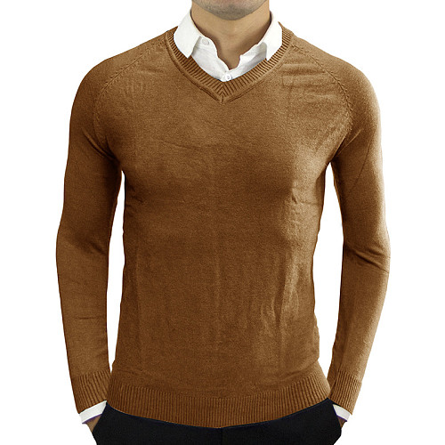 Men V Neck Long Sleeve Knitted Pullover Sweater WYMY-1052