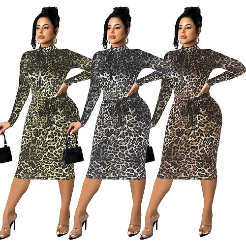 Leopard Print Velvet Long Sleeve Party Dress MZ-2669