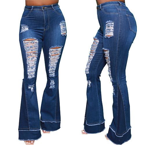 Patchwork Ripped High Waist Push Up Flare Jeans HSF-2585