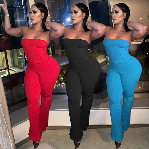 Solid Strapless Bodycon Flare Jumpsuits JP-1060