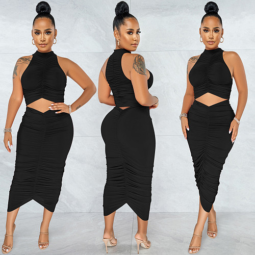 Ruched Sleeveless Crop Tank Tops Skirt Sets BY-5599