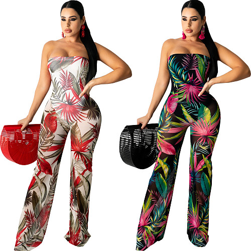 Mesh See-through Print Strapless Wide Leg Jumpsuit WY-6782