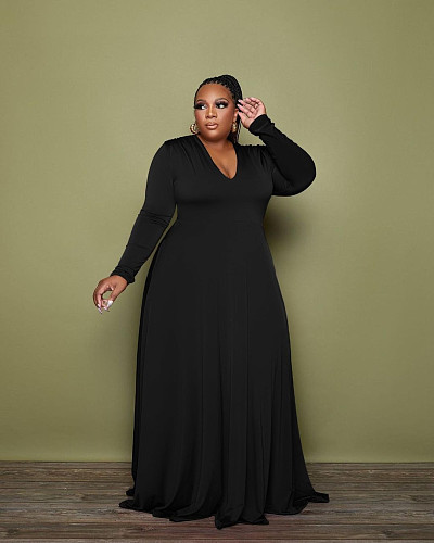 Solid V Neck Long Sleeve Loose Plus Size Dress SFY-085