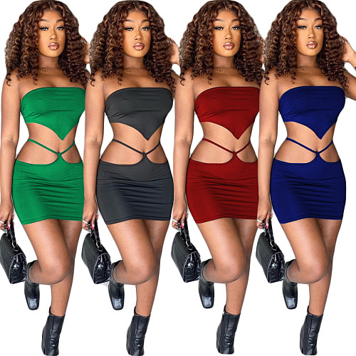 Strapless Crop Top+Cut Out Hole Skirts Outfit CHENGX-220