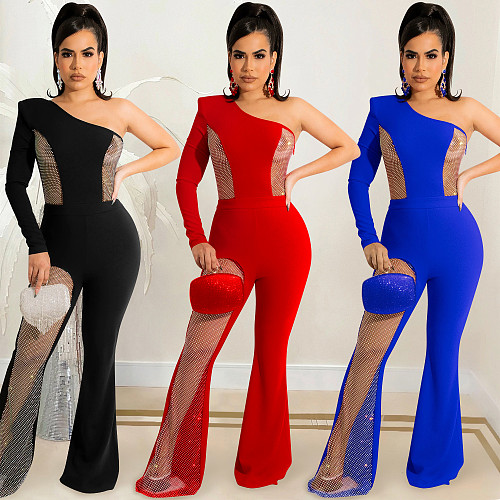 One Shoulder Long Sleeve Mesh Patchwork Jumpsuit BY-5615