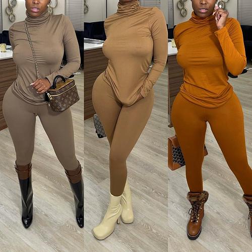 Solid Turtleneck Long Sleeve T Shirt And Pants Suit CL-6096