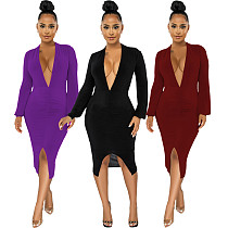 Deep V Long Sleeve Ruched Bodycon Dress SMR-10833