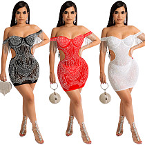 Hot Drill Mesh See Though Off Shoulder Tassel Dress BY-5645