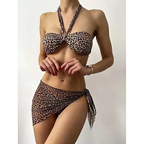 Leopard Print Halter Strappy 3 Pieces Bikini Set TENGW-1131