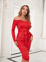 Off Shoulder Lace Up Red Party Dresses HONGW-210134
