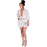 Solid Color Button Up Shirt Top and Shorts Set BGN-178