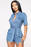 Short Sleeve Button Down Denim Rompers with Belt SMR-10127