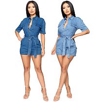 Short Sleeve Button Down Denim Rompers with Belt SMR-10127