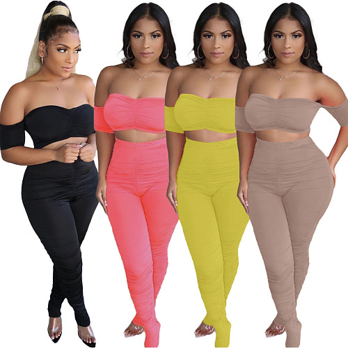 Ruched Off Shoulder Crop Top Leggings Pants Outfits YS-805