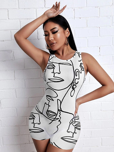 Abstract Printed Sleeveless Push Up Workout Romper BGN-233