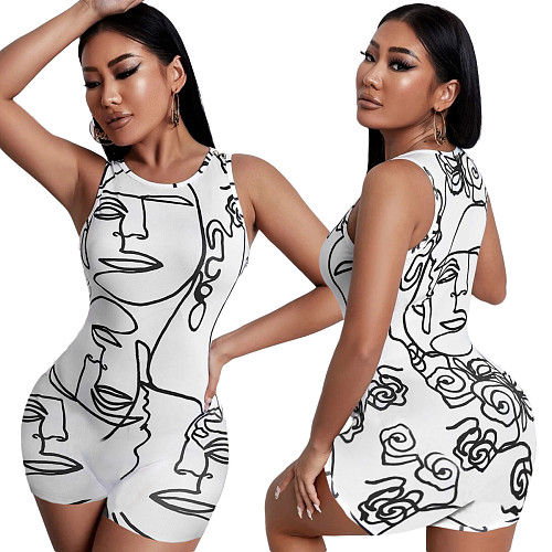 Abstract Printed Sleeveless Push Up Workout Romper BGN-233