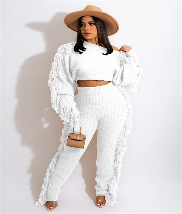 Solid Tassel Sweater Crop Top And Pants Set TR-1186