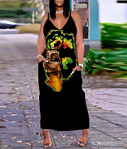 Printed V Neck Sleeveless Loose Pocket Maxi Dresses NY-2359