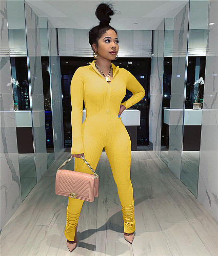 Women Solid Color Long Sleeve Front Zipper Bodycon Jumpsuit BNY-7146