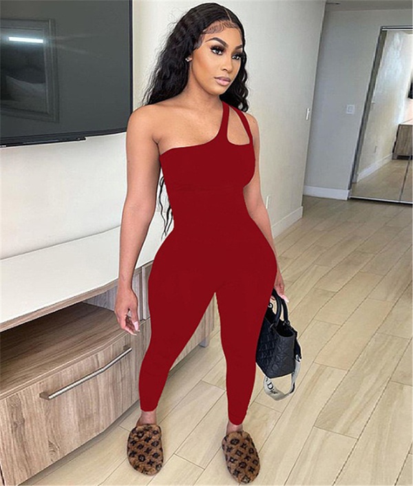 Women One Shoulder Sleeveless Solid Color Bodycon Jumpsuit MOF-6621