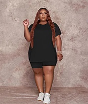 Plus Size Casual Solid Short Sleeve T-shirt Shorts Set WT-9187-1