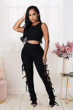 Knitted Stretchy Tank Crop Top+Side Lace Up Pants Set LX-6925