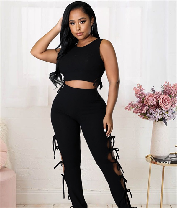 Knitted Stretchy Tank Crop Top+Side Lace Up Pants Set LX-6925