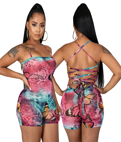 Tie Dyed Butterfly Print Suspender With Back Lace Up Romper BS-1197