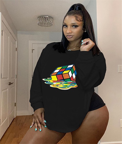 Rubik's Cube Printed Long Sleeve Round Neck T-shirt RUM-8702