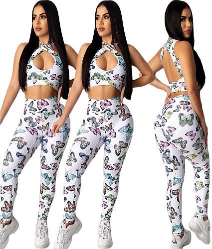 2020 Butterfly Printed Sleeveless Crop Vest With Pants 2 Pieces YIY-5153