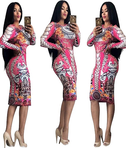 Women Digital Personalized Print Long Sleeve Bodycon Dresses SC-430