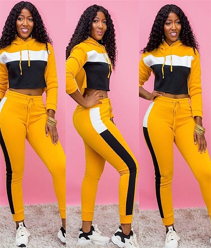 Women Hooded Crop Top Long Pants Two Pieces Set CM-620