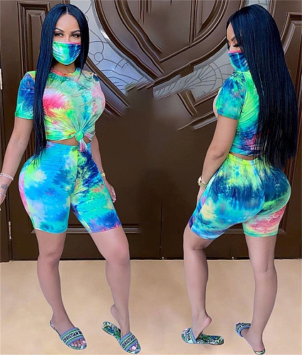 Fashion Tie-Dye Printed Home Wear Two-piece Set With Mask GS-1857