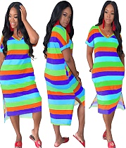 Colorful Stripes Short Sleeves Loose Splits Maxi Dress YS-8361