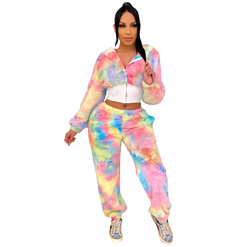 Tie Dye Plush Hooded Jacket Pants 2pcs Outfits LUO-6351